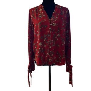 Everly by Anthropology‎ Floral V-Neck Top with Rouleau Loops and Tie Sleeves